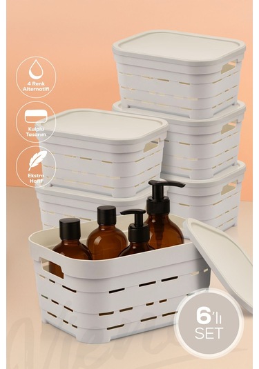 Vienev 6'lı Kapaklı 3,8 Litre Delikli Saklama Kutusu Bej Bej