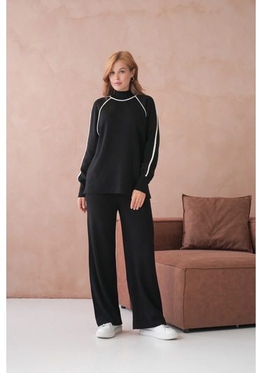 Kadın Dik Yaka Yarım Pat Fermuar Yırtmaçlı Kazak Pantolon İkili Triko Takım Siyah