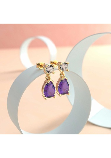 Ametist Damla Taşlı Altın Kaplama Gümüş Küpe