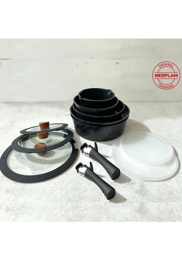 Neoflam Midas Siyah 12 Parça Yedek Kulplu Ayrılabilen Saplı Iç Içe Geçebilen Indüksiyonlu Tencere Tava Set