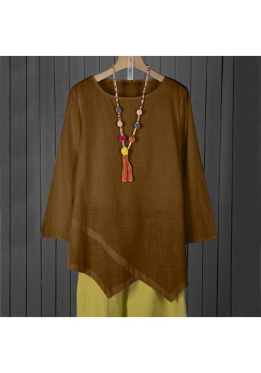 Kahve Su Kadın O Boyun Uzun Kollu Gömlek Casual Düzensiz Hem Bluz Gevşek Çalışma Tunik Üstleri