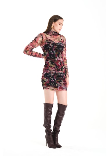 Büzgülü Tül Elbise Pembe