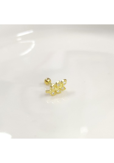 Başak Yaprak Gümüş Tragus Pıercıng - Altın Sarı Beyaz