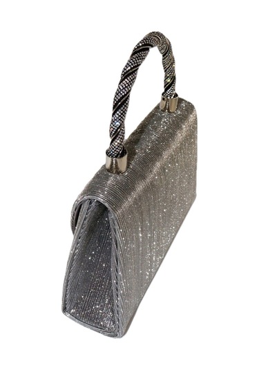 Lazer Kumaş Platin Abiye Çanta Taşlı Kadın Abiye Çanta Abiye Çanta Metalik Gri El Düğün Çantası