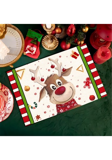 4/6/8 Adet Elk Deer Baskılı Amerikan Servisi Dikdörtgen Noel Kardan Adamı Ağaçları Yemek Masası Mutfak Dekoru İçin Keten Kaymaz Masa Paspasları 7,8 Adet-32x42 Cm Diğer