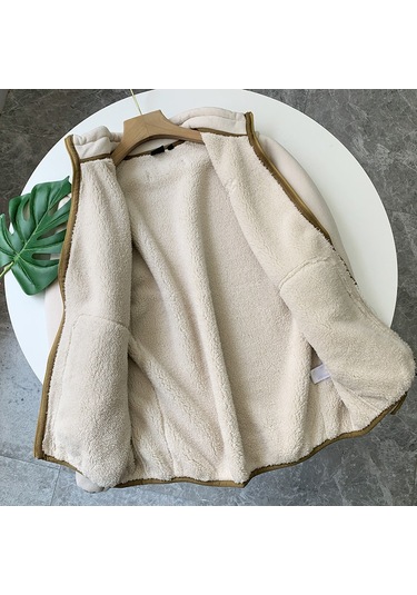 Erkek Kışlık Düz Renk Kuzu Derisi Kalın Ceket Haki