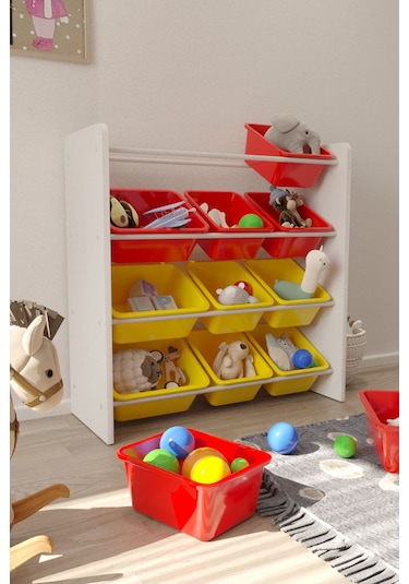 12 Sepetli Çok Amaçlı Oyuncak Dolabı Montessori Dolap Kırmızısarı Kırmızı - Sarı