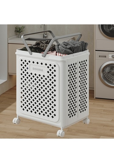 Beyaz Orta Boy Kirli Çamaşır Sepeti, Tekerlekli, Katlanabilir, Büyük Kapasiteli Ve Hareket Ettirilebilir Beyaz