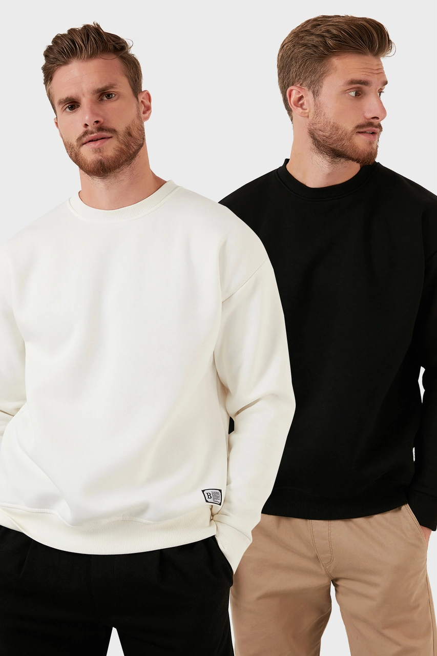 Buratti Regular Fit Bisiklet Yaka Şardonlu 2'Li Paket Erkek Sweat 5905255S2 Ekru-Siyah