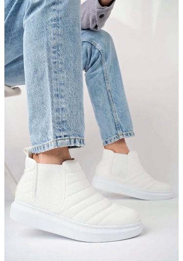 Slw205 Boston Bağcıksız Cilt Erkek Spor Bot Bt Beyaz Beyaz