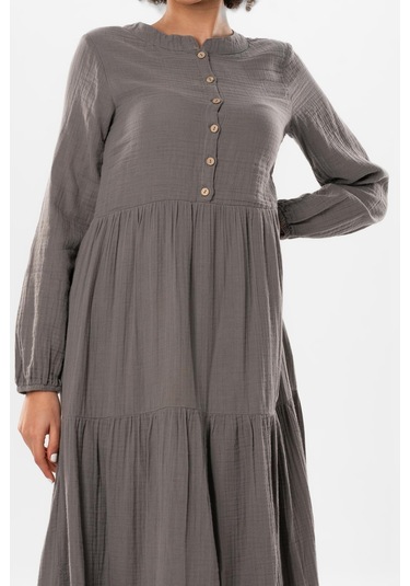 Uzun Kol Akay Uzun Düğme Detay Yazlık Müslin Elbise Gri Gri-gri Gri