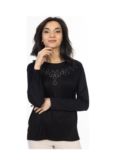 Yeni Model Taş İşlemeli Yuvarlak Yaka Likralı Anne Penye Bluz 6435-siyah