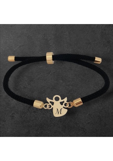 M Harfine Özel Mevlana Motifli Örgü İpli 14 Ayar Altın Plakalı Hediye Bileklik-319harf-siyah Altın
