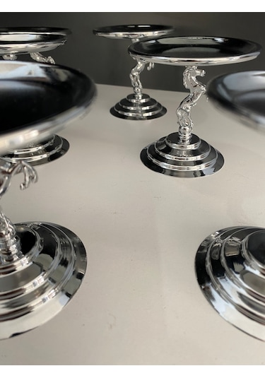 3'lü Atlı Gümüş Lokumluk, Çay Ve Kahve Yanı Sunumluk, Metal Şekerlik, Makaronluk Gümüş