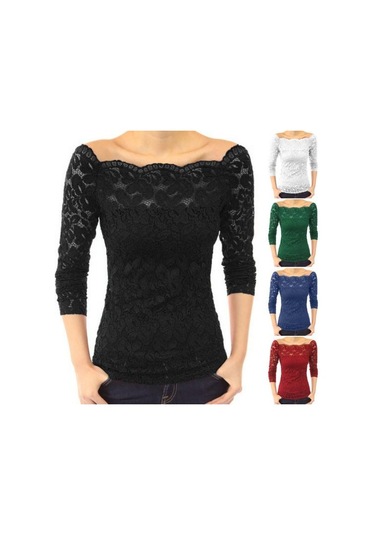 Kadın Üstler Eğik Yaka Uzun Kollu Dantel Gömlek Oyuk Dantel Eklemeli Düz Renk Dar Kesim Nakış Dantel Çiçekli Üstler Siyah