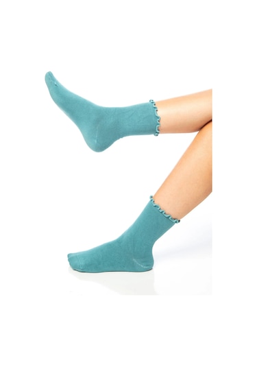 Bambu Kadın Lastiksiz Yeşil Fırfırlı Soket Dikişsiz Çorap 3'lü Paket / İz Bırakmaz / Sıkmayan Çorap Renkli