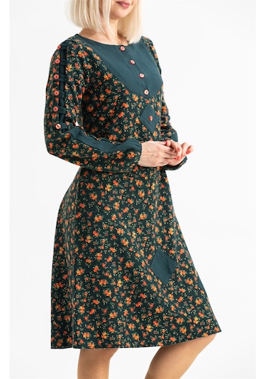 Uzun Kol Pazen Eftelya Çıtır Desen Midi Boy Elbise Petrol Ptrl