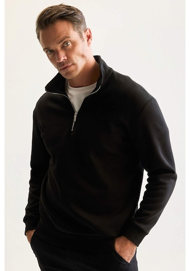 DeFacto Siyah 3 İplik Pamuklu Şardonlu İçi Polarlı Comfort Regular Fit Rahat Kalıp Dik Yaka Fermuarlı Kalın Sweatshirt D9067AXNSBK81