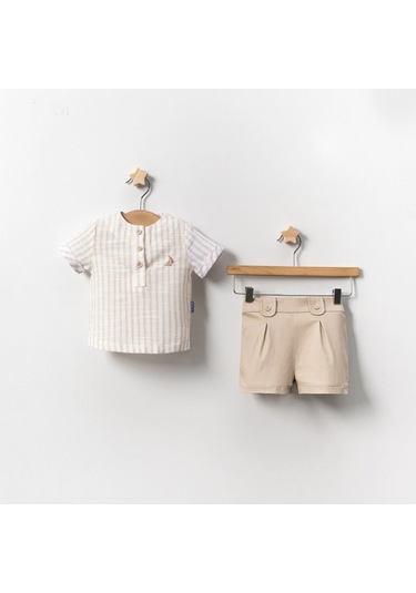 Yazlık Yelken Nakışlı Bebe 2'li Erkek Takım Bej