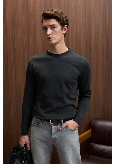 VAREX Erkek Yuvarlak Yaka Basic Slim Fit Triko Antrasit Kazak