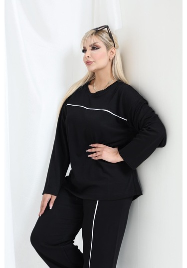 Kadın Büyük Beden Oysho Tarzı Modal Kumaş Uzun Kollu Biyeli Rahat Günlük Takım Siyah