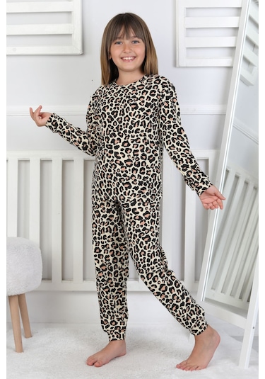 Minik Uyku Avcısı - Vahşi Rahatlık Serisi Leopar Desenli Kız Çocuk Pijama Takımı Sarı