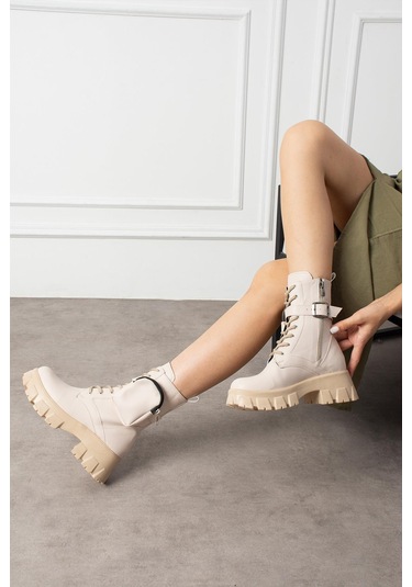 Shoetek Lorbi Kadın Bot Çantalı Postal Bej Deri Bej Cilt