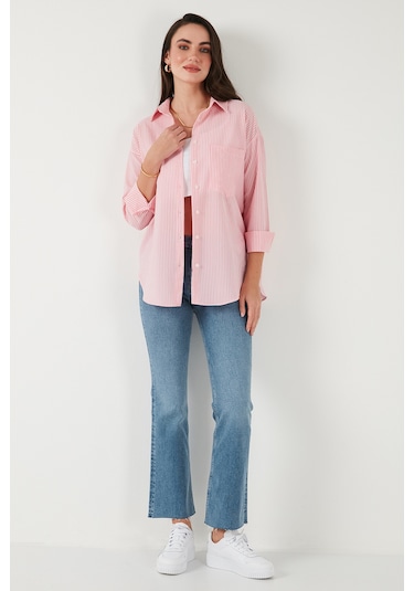 Lela Regular Fit Uzun Kollu Cepli Çizgili Bayan Gömlek 6772895 Şeker Pembe