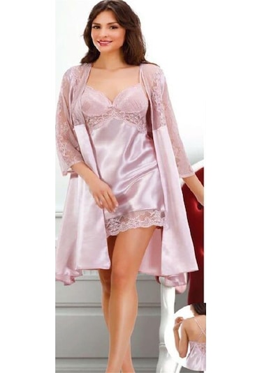 Duchesse 137 Çeyizlik Dantelli Saten 6'lı Set -pudra Pudra