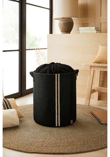 Ocean Home Textile Ağzı Büzgülü Çizgili Siyah Renk Jüt Çamaşır Sepeti 36 x 40 cm