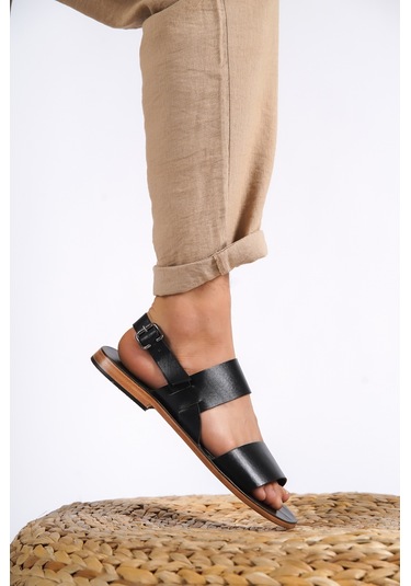 Sur Sandalet El Yapımı Kösele Erkek Deri Bodrum Sandalet Siyah