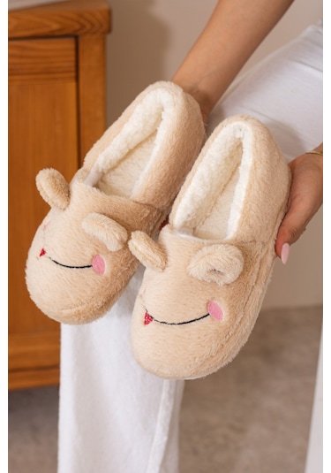 Albishoes Kışlık Içi Tüylü Kadın Ev Ayakkabı Kurbağa Figürlü Kaydırmaz Rahat Taban Panduf Ev Botu Bej