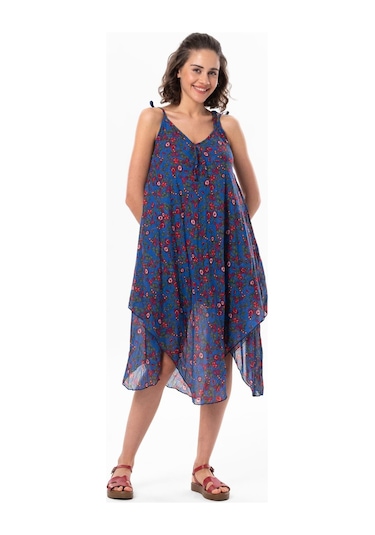 Askılı Vual Afrodit Midi Boy Yazlık Elbise Saks 6171 - Kadın Saks Mavisi