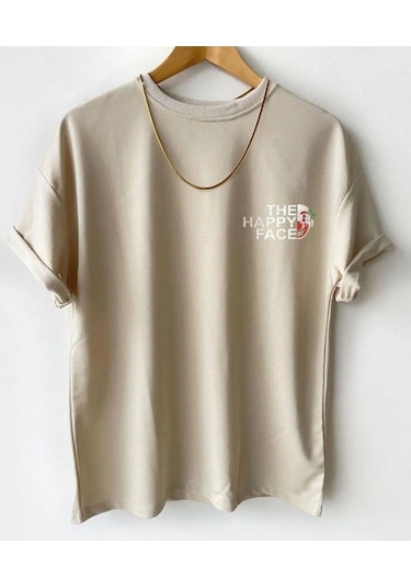 Hırsch Unisex Oversize Bej Bisiklet Yaka The Happy Face Baskılı T-shirt Bej