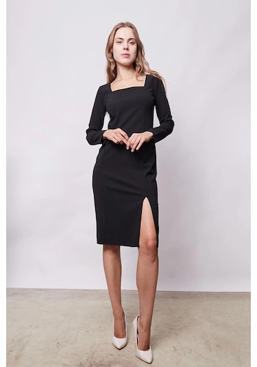 Kadın Likralı Krep Kumaş Kare Yaka Önden Yırtmaçlı Uzun Kol Diz Altı Ofis Elbise-siyah Siyah