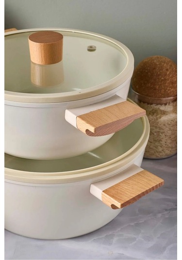 Cookwood Beige 9 Parça Tencere Tava Seti Indüksiyon Tabanlı Ahşap Saplı 18081 Bej