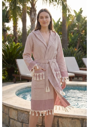 Kapşonlu Unisex Peştemal Plaj Bornozu %100 Pamuklu Seaside Stripe Bordo