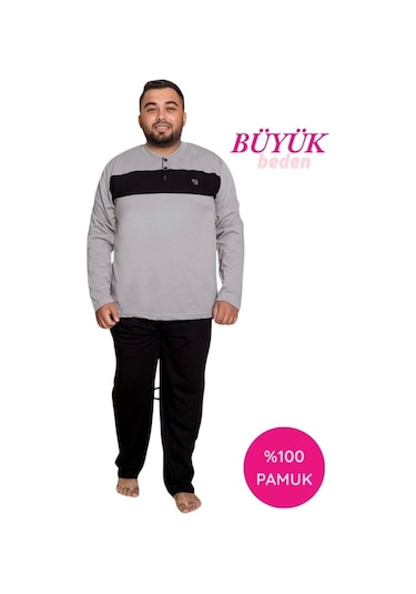Erkek Büyük Battal Beden Desenli 3 Düğmeli %100 Pamuk Mevsimlik Uzun Kol Cepli Pijama Takımı Taş