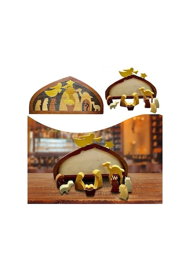 Fortunelane Ahşap İsa Doğuşu Puzzle Dekorasyon, Ev Dekoru Ve Zeka Oyunu, 20x9cm