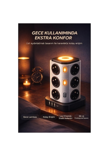 12 Li Kule Tipi Çoklu Priz 3 Usb 1 Type-c Gece Lambalı 3680w Bağımsız Anahtarlı 1 - 3 M