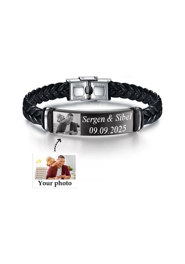 Kişiye Özel Resim Baskılı 2 Satır İsim Yazılı Çelik Bileklik Sevgiliye Hediye Scb14g Siyah