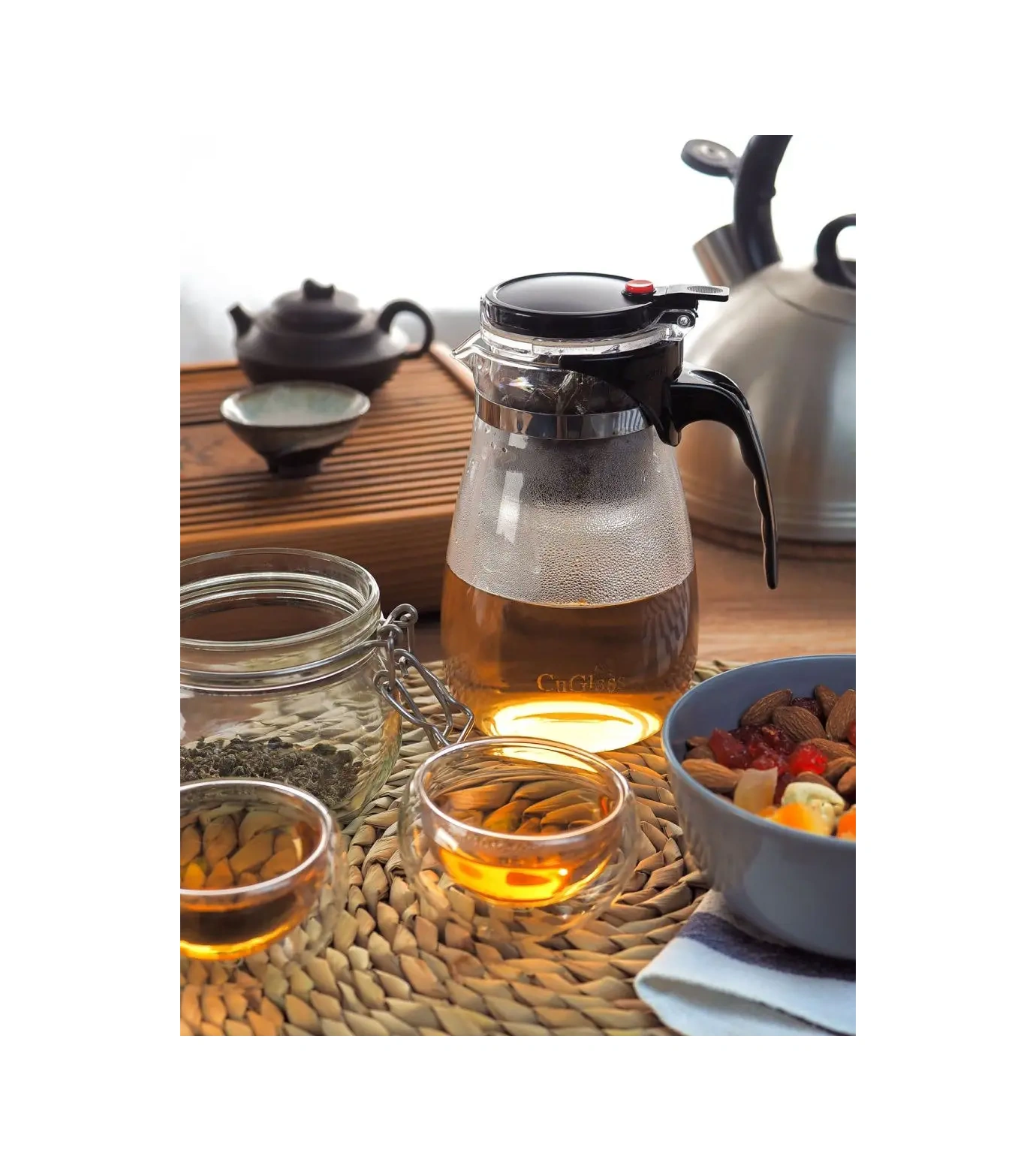 Cnglass Gongfu Demlik, 900 Ml, Düğmeli Tipot Demleme Çaydanlık 10745590 Beyaz