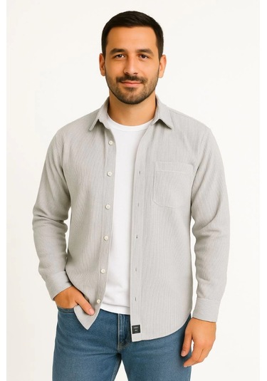 Erkek Fitilli Kadife Cepli Gömlek Oversize Rahat Kalıp - Gri Gri