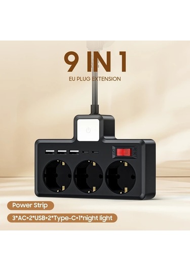 Xuweiwei 8 İnç Siyah Gece Lambası 3 Renk Ayarlanabilir Parlaklık 3 Ac Soket 3 Usb 2 Tip-c Duvar Şarj İstasyonu Ev Ofis Seyahat İçin