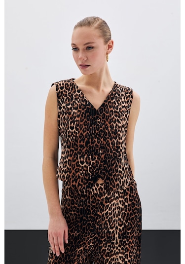 Sateen Kısa Leopar Yelek - Siyah-135502 Siyah