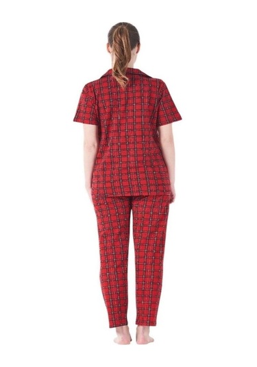 Estiva Kareli Desen Önden Düğmeli Bayan Pijama Takım Kırmızı