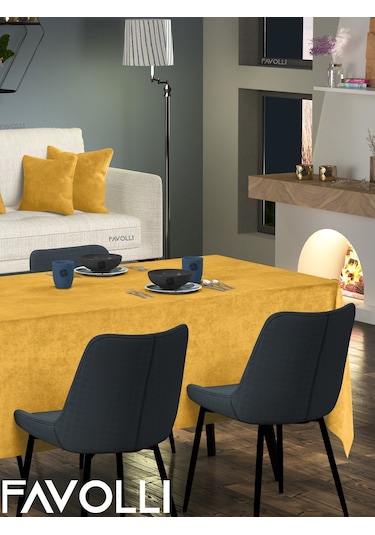 Kadife Dokulu Safran Renk Masa Örtüsü Safran