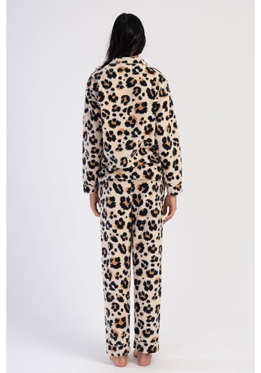 Kadın Uzun Kol Polar Önden Düğmeli Leopar Bej Pijama Takım C7t6n0o304 001