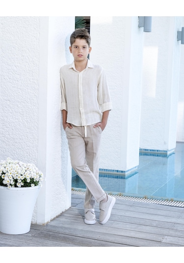 Erkek Çocuk Takım Elbise 3'lü Spor Takım Yelek-pantolon-gömlek 3-14 Yaş Bej