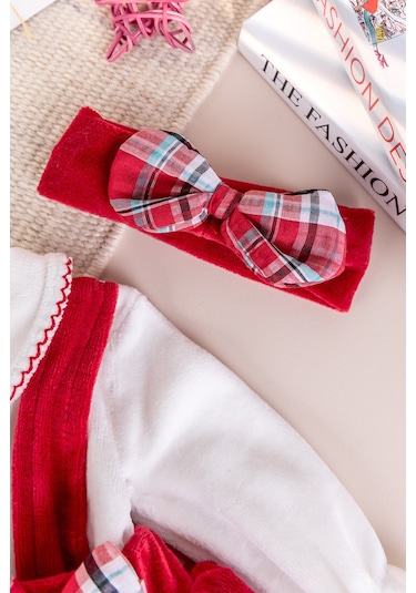 Fiyonklu Bandanalı Kadife Kız Bebek Tulum Salopet Bebek Elbise Kırmızı